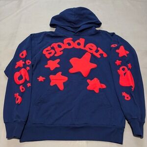 Sp5der Beluga Puff Print Hoodie Navy Star Men-M Streetwear Y2K Skate-7102
